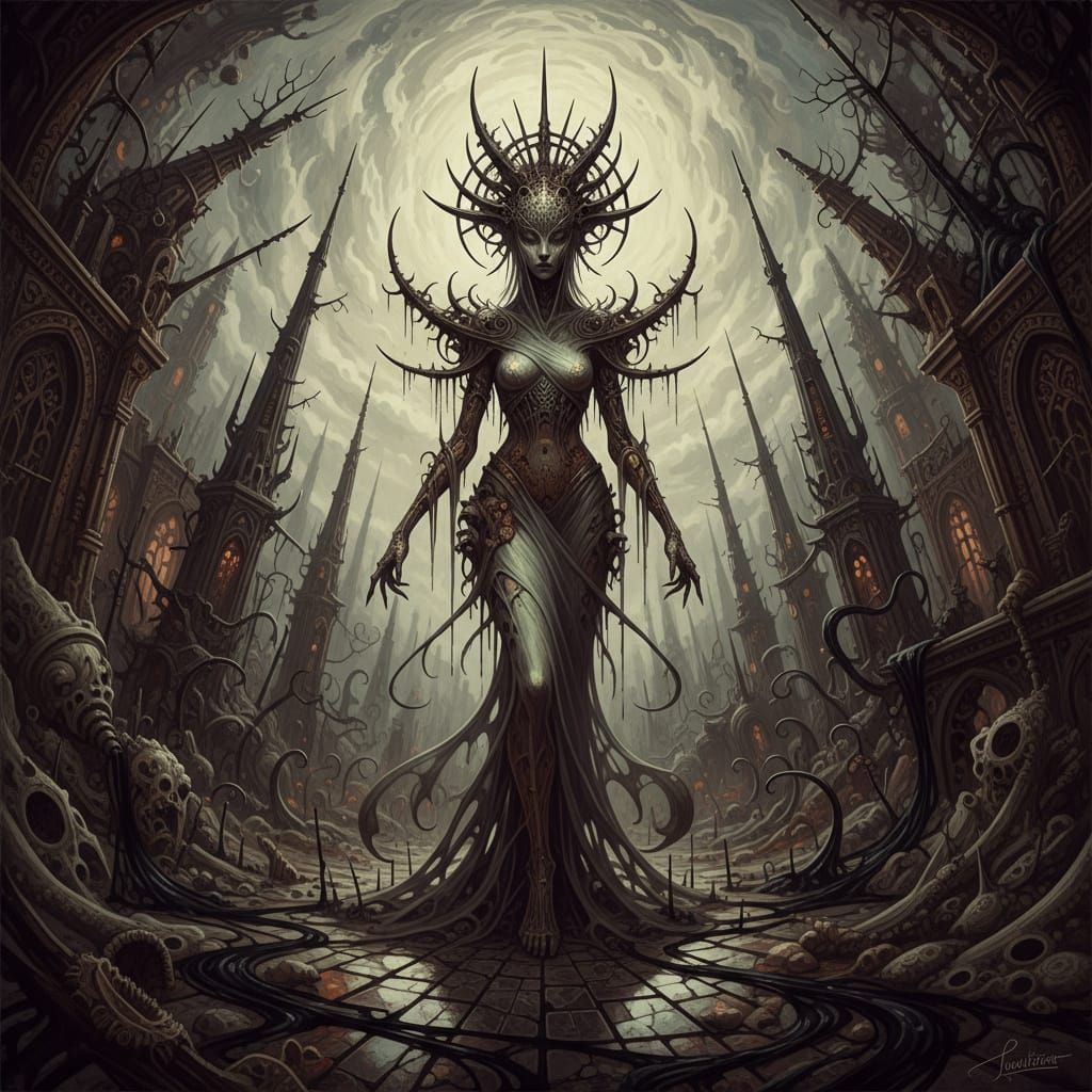 Mysterious Woman in Dark Surreal Landscape