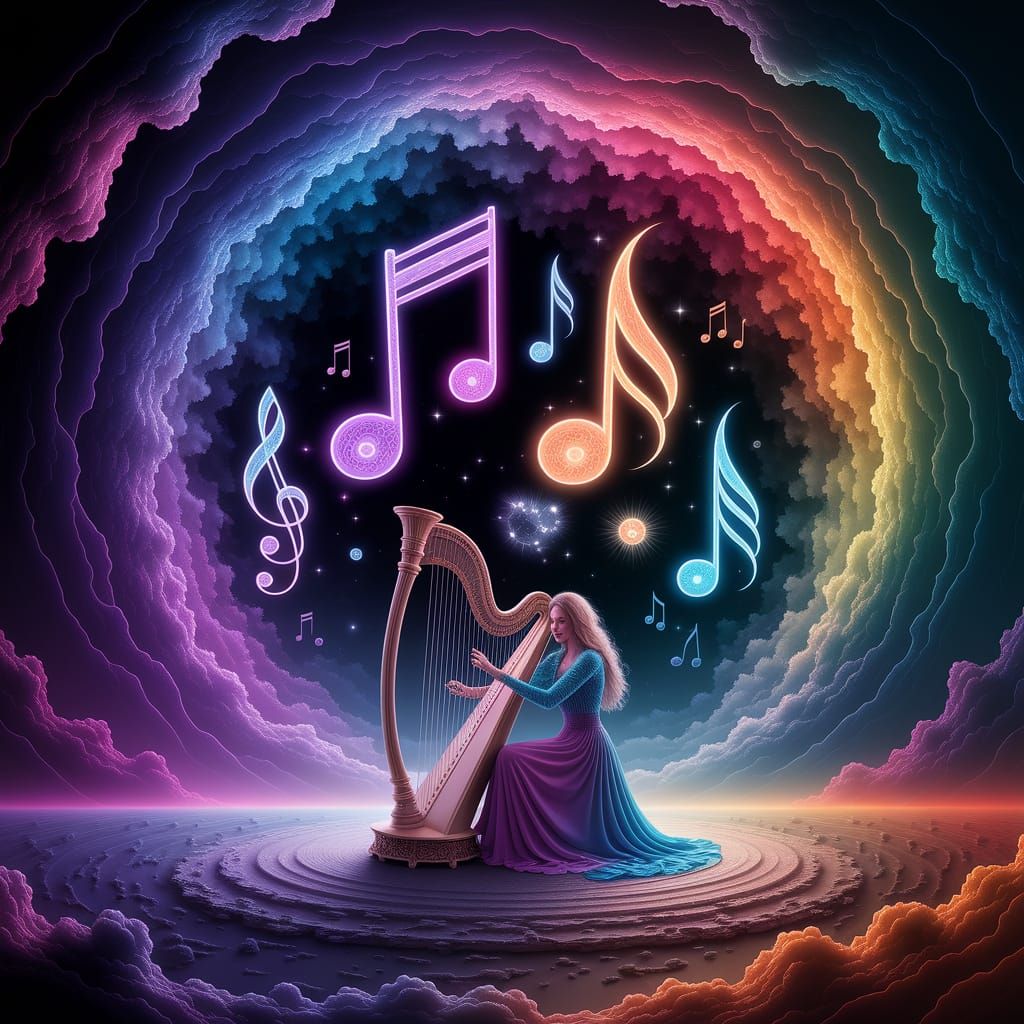 Surreal Dreamscape: Musical Notes Dance Around Celestial Har...
