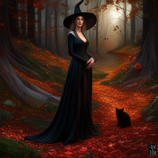Elegant Autumn Witch with Black Cat in Dark Fantasy Style