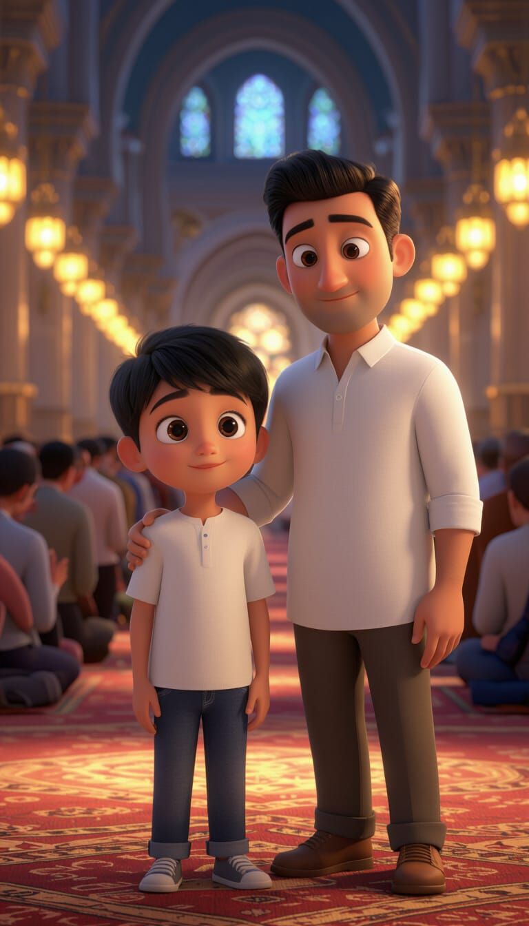 Boy and Father in Mosque, Pixar 3D Style