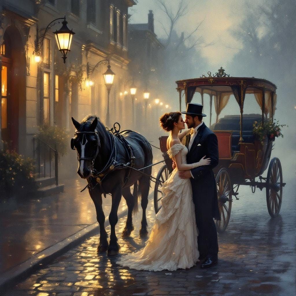 Victorian Couple Embrace in Impressionist Painting