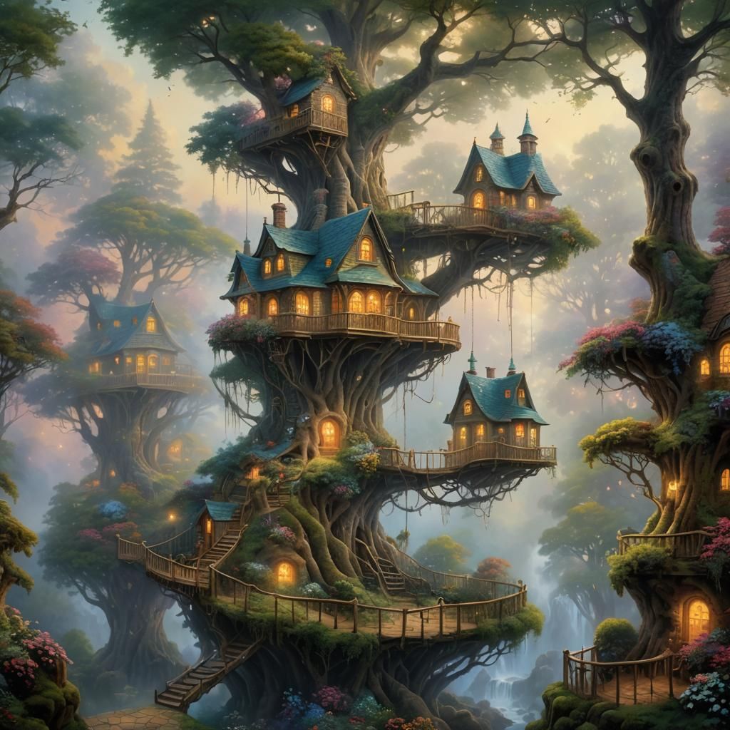Ethereal Treehouse in Misty Fantasy Landscape