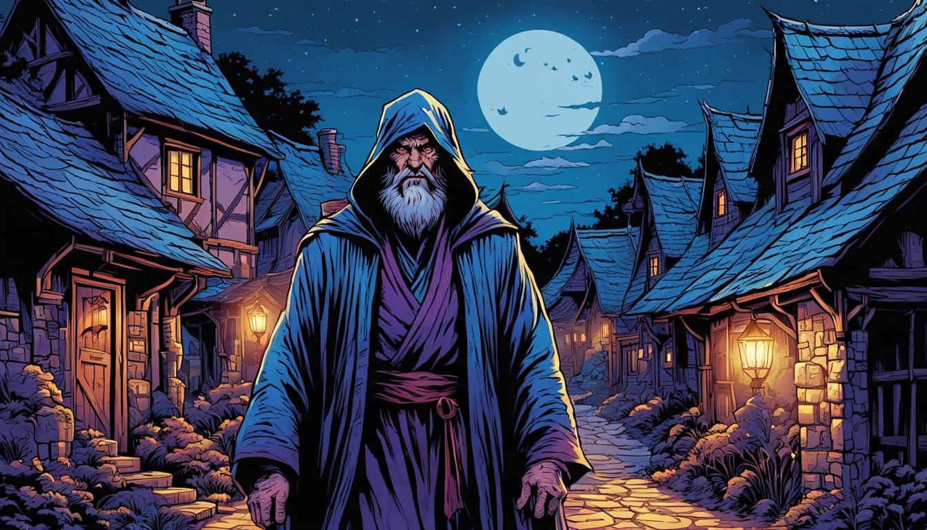 Wizard Walks Through Village in Comic Book Style