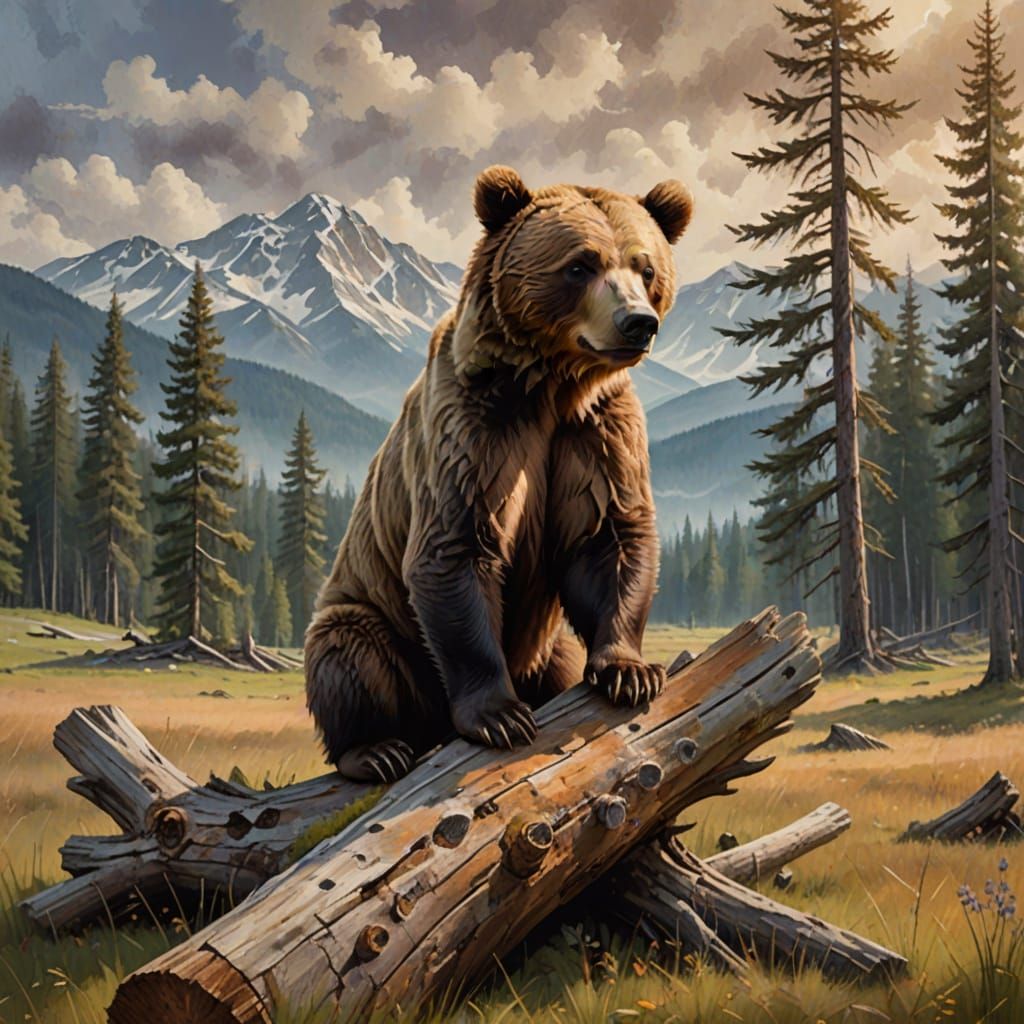 Brown Bear Hugging Tree Stump, Oil Painting