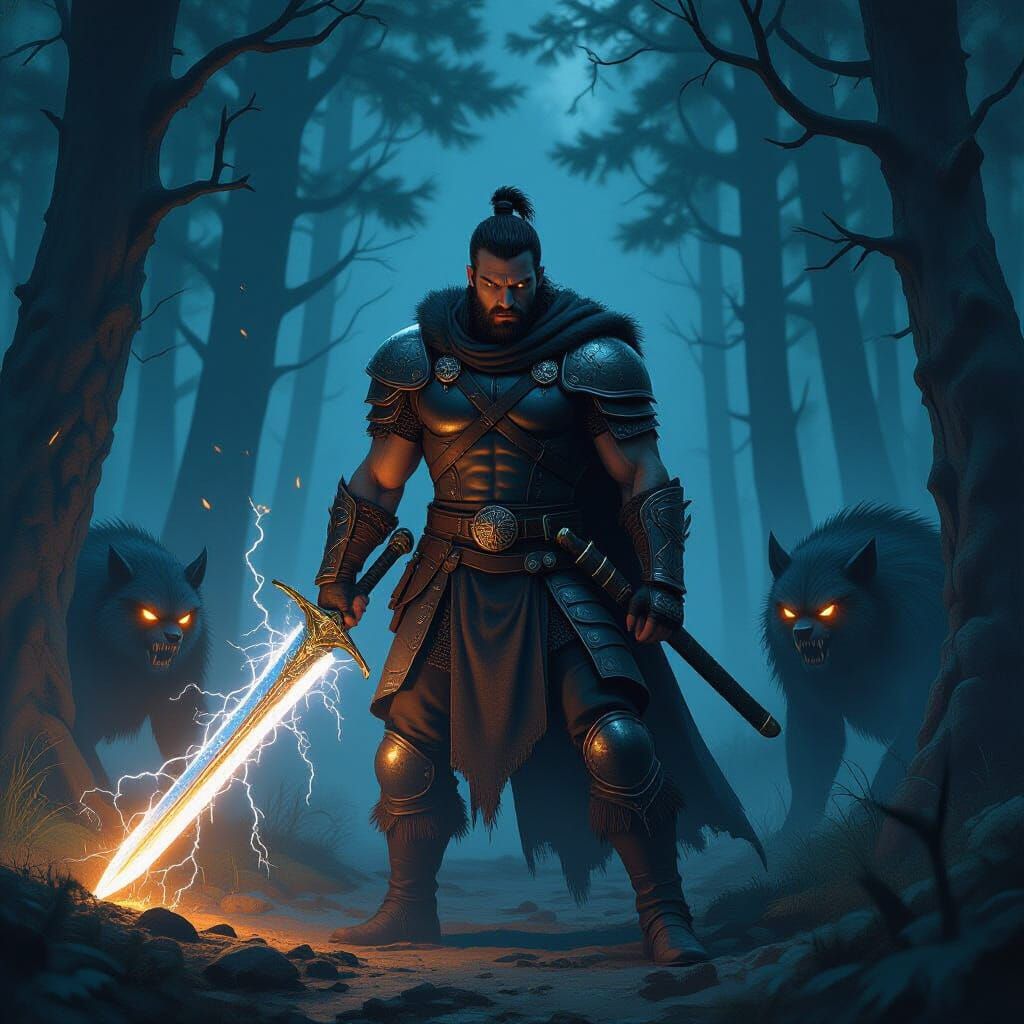 Thunder Warrior in a Dark Fantasy Landscape