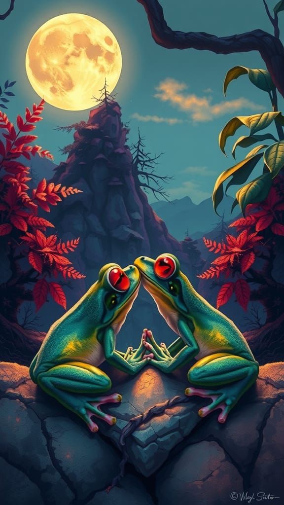 Moonlit Frogs in Dreamlike Landscape