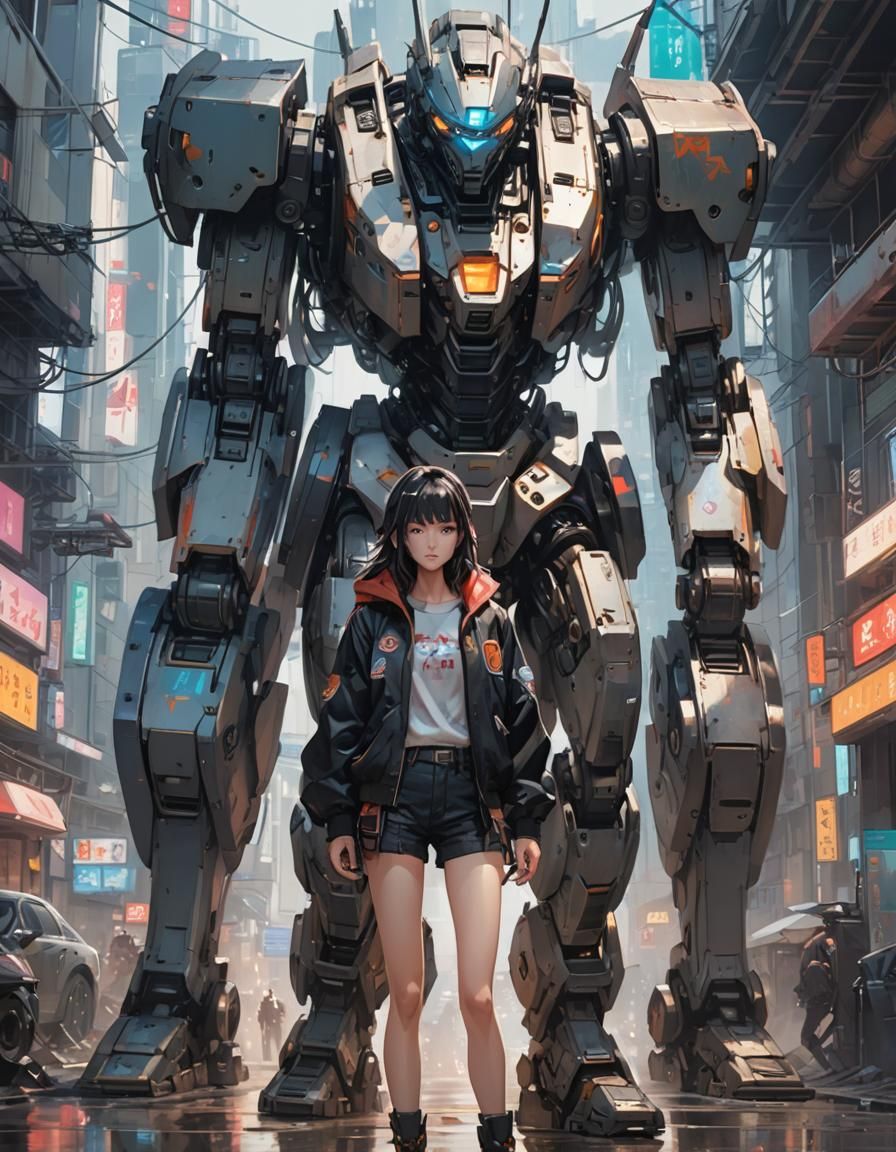 Cyberpunk Anime Girl and Giant Robot Artwork