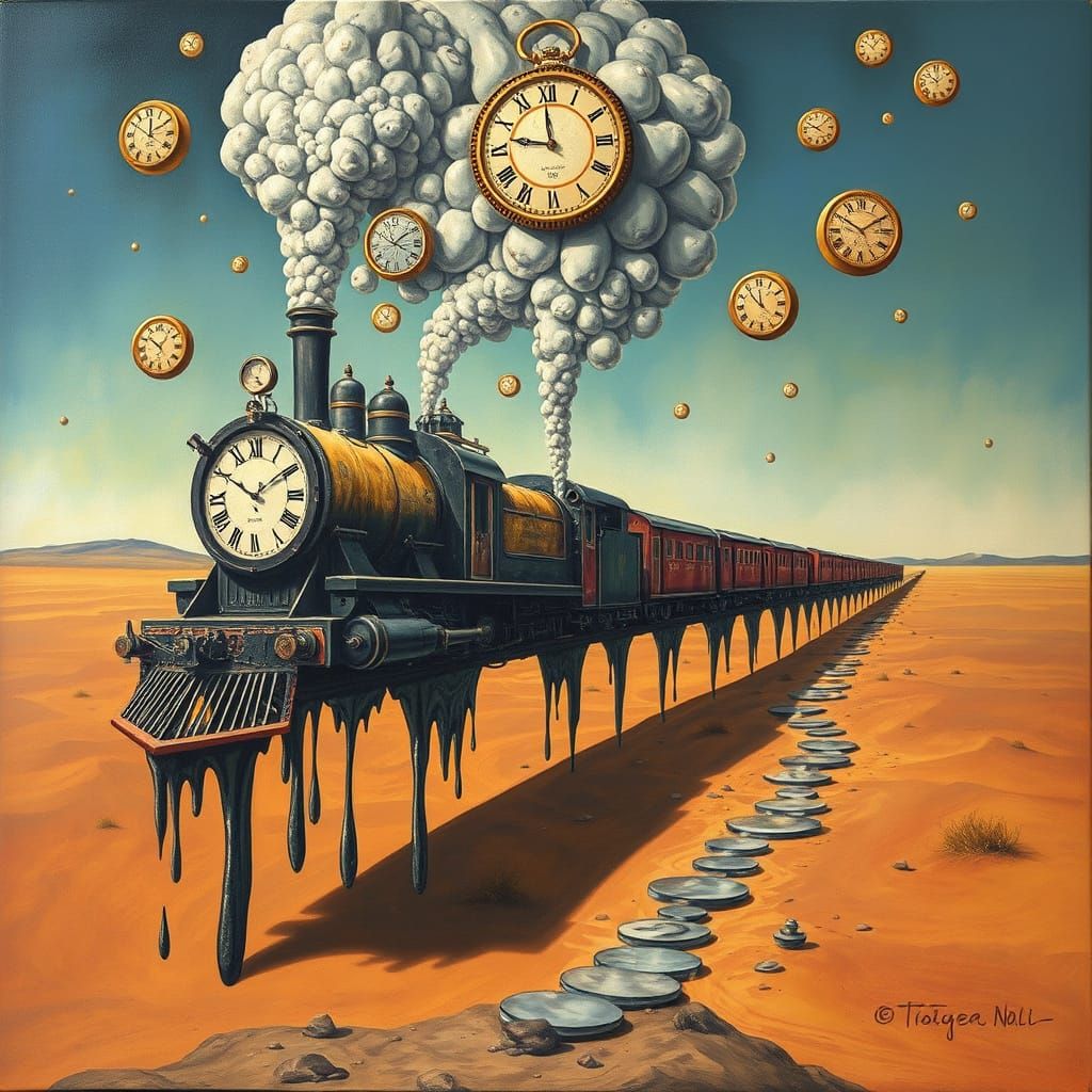 Surreal Melting Locomotive in a Dreamlike Desert Landscape