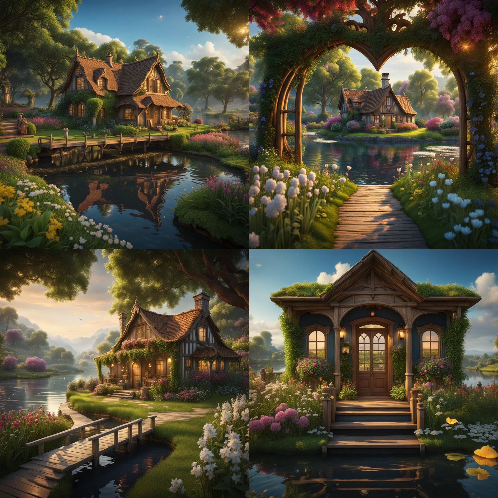 Cottage Garden in Teak Heart Frame, 3D Render