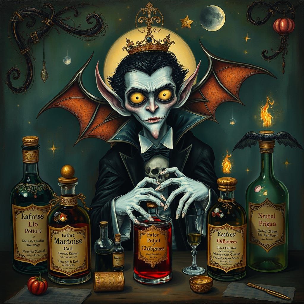 Whimsical Vampire Amidst Lavish Potions in Elegiac Style