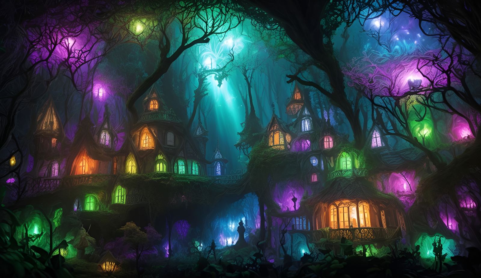Bioluminescent Cottage in Mystical Dark Wood
