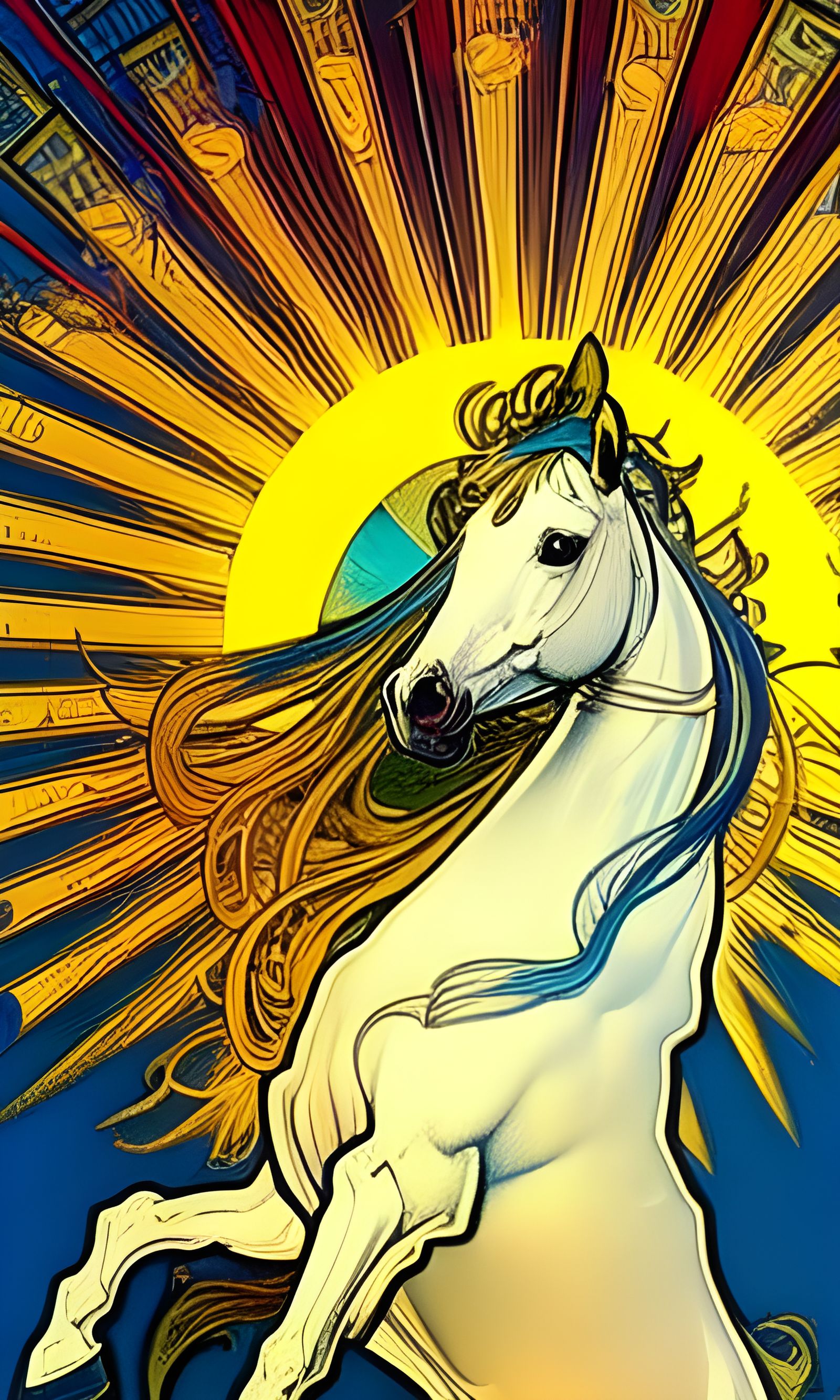 Baby Rides White Horse Under Sun, Alphonse Mucha Style