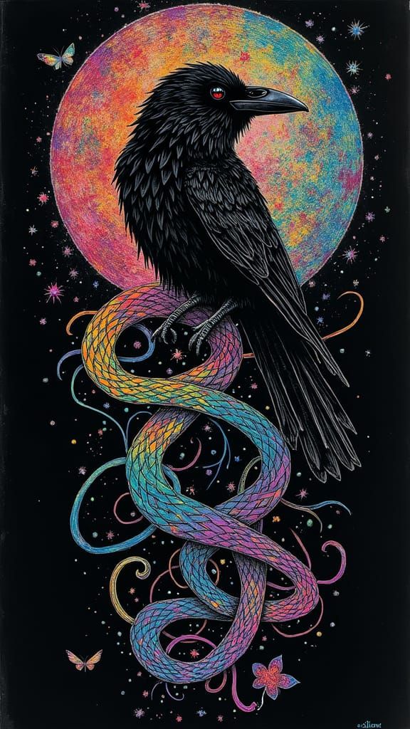 Celtic Knotwork Raven in Childlike Crayon Drawing