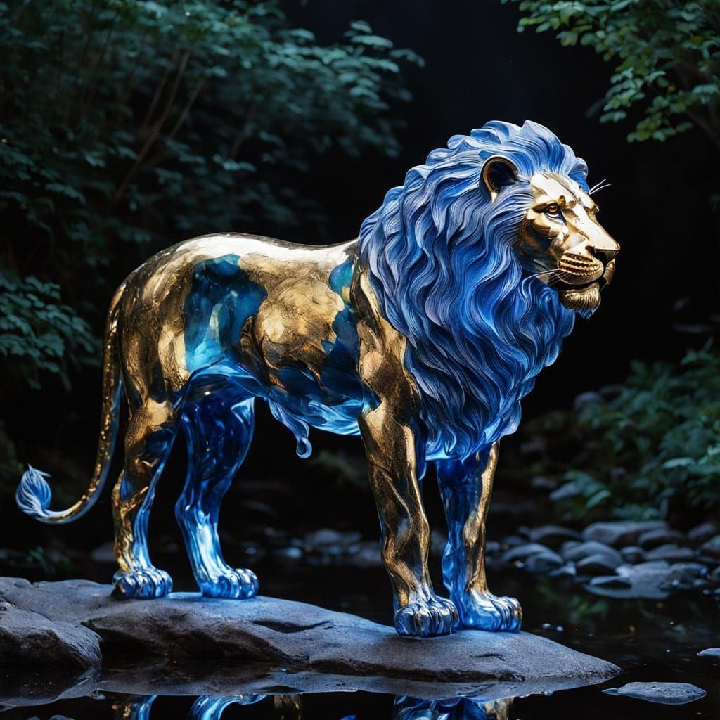 Majestic Glass Lion at Nighttime Stream