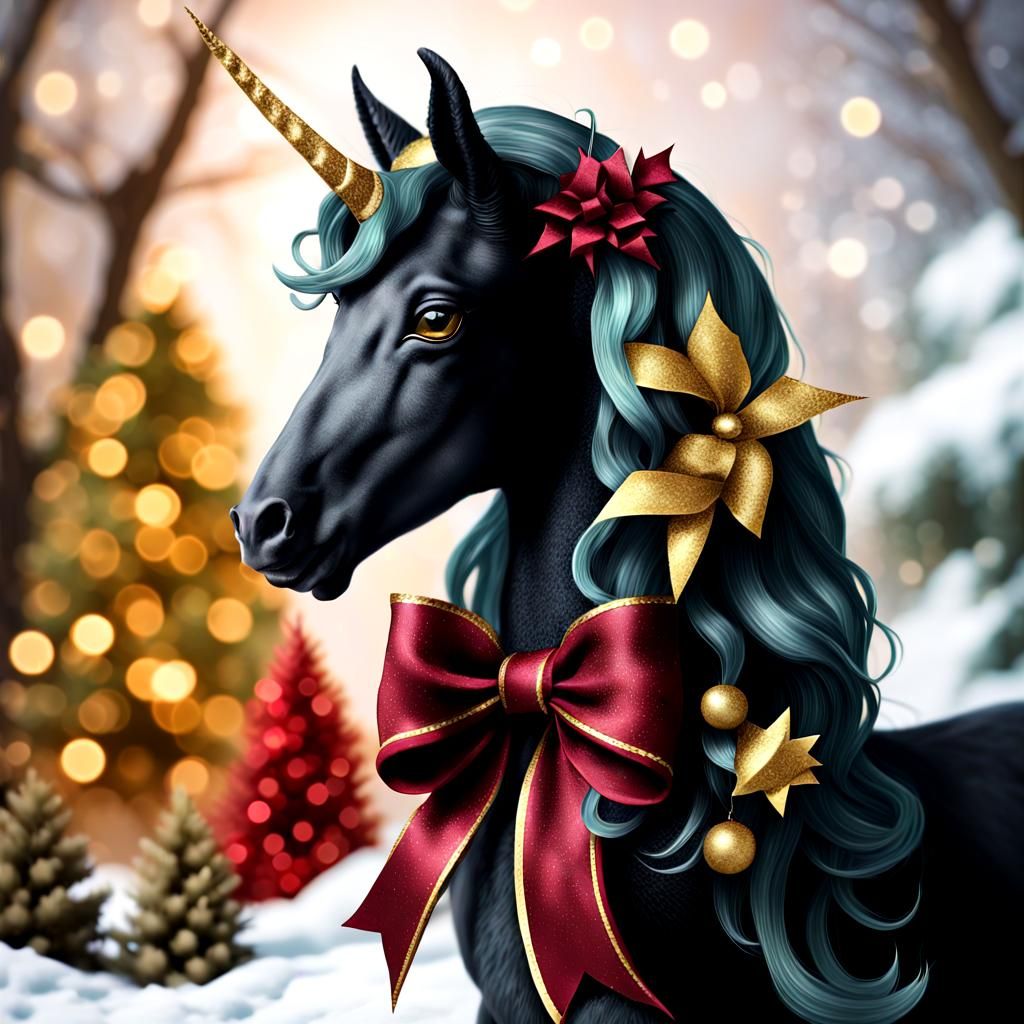 Majestic Black Unicorn in Winter Wonderland