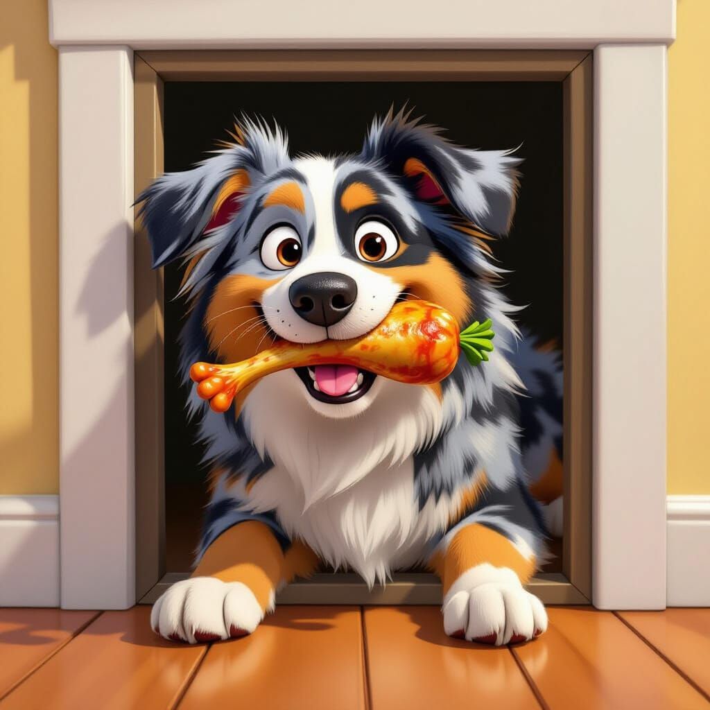 Blue Merle Aussie Dog Steals Drumstick Through Doggy Door