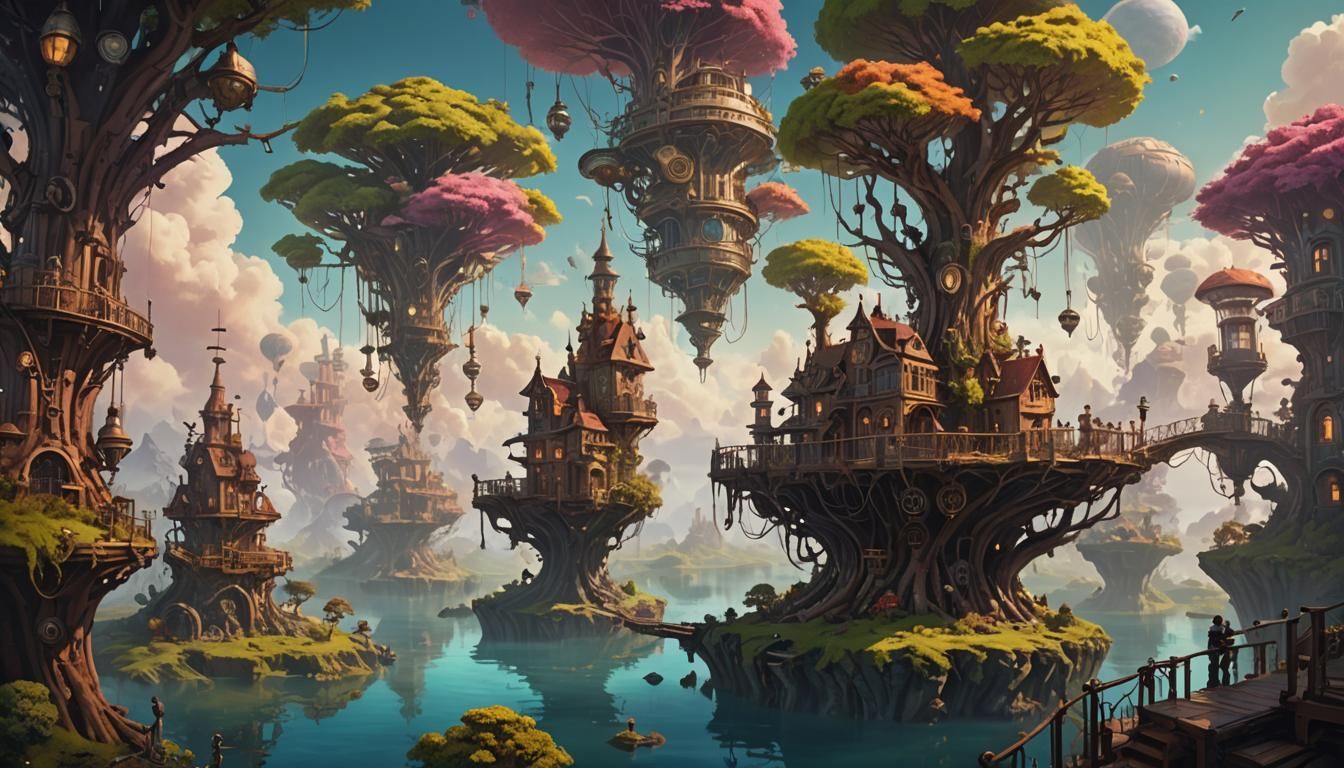 floating islands in a steampunk world