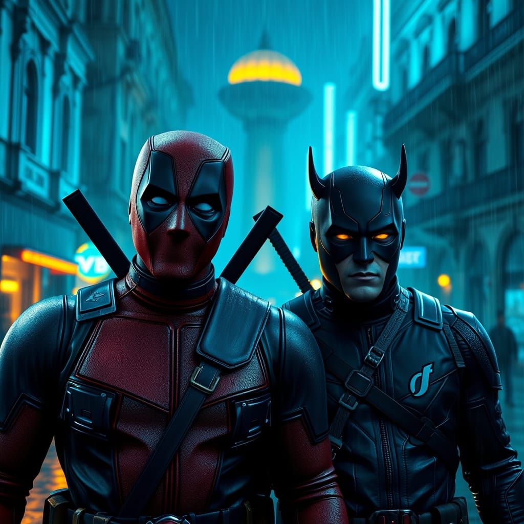 Deadpool and Daredevil Stroll in Budapest's Neon Rain