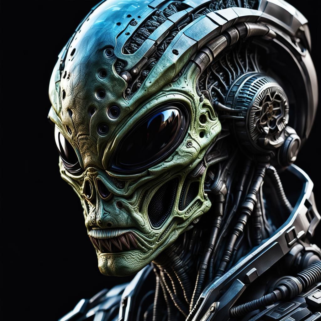 Realistic Alien face with broken half helmet on face, Very detailed