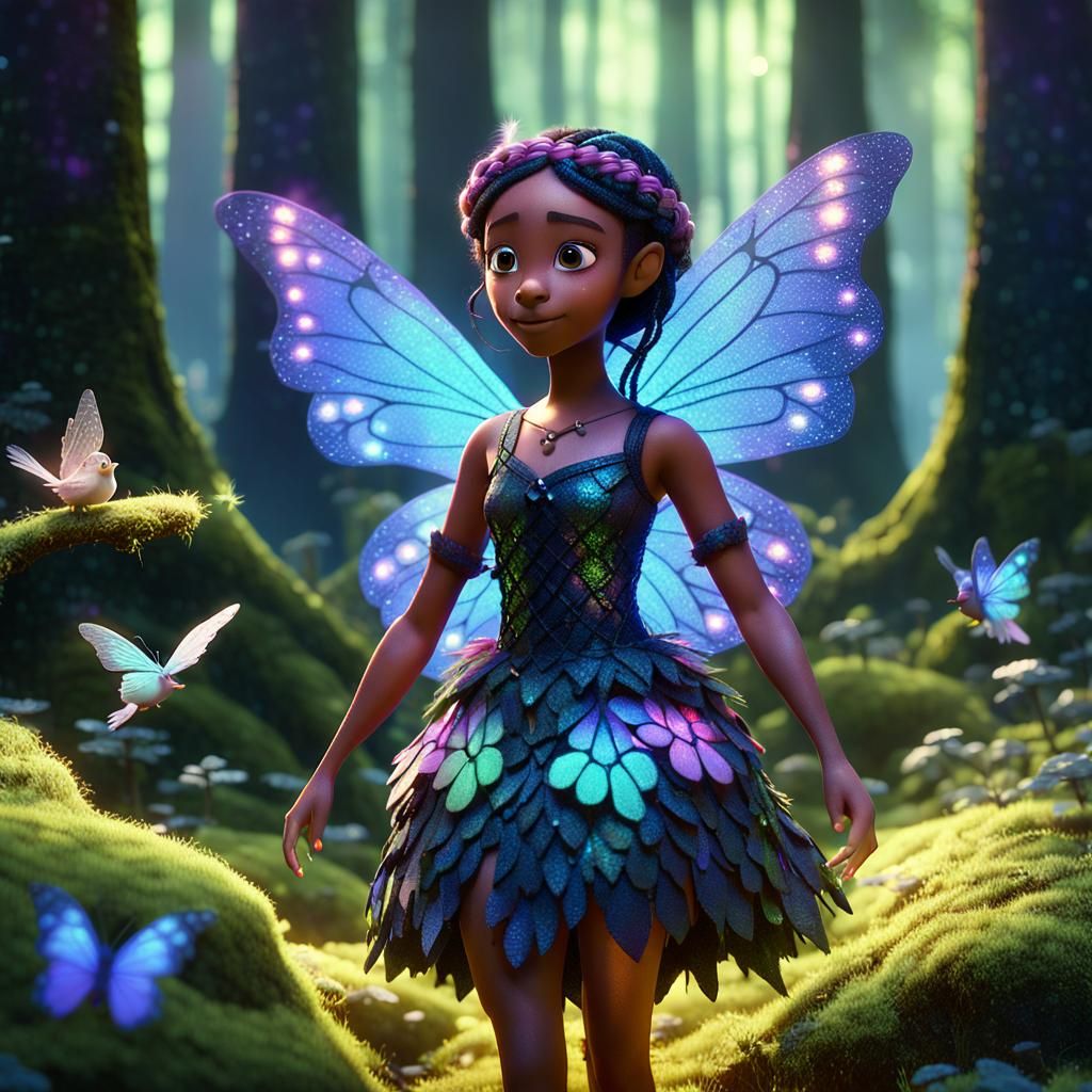 Black Fairy with Bird in Hair, 3D Digital Art