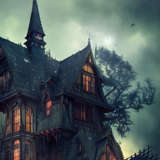 Eerie Witch House Illustration in Art Nouveau Style