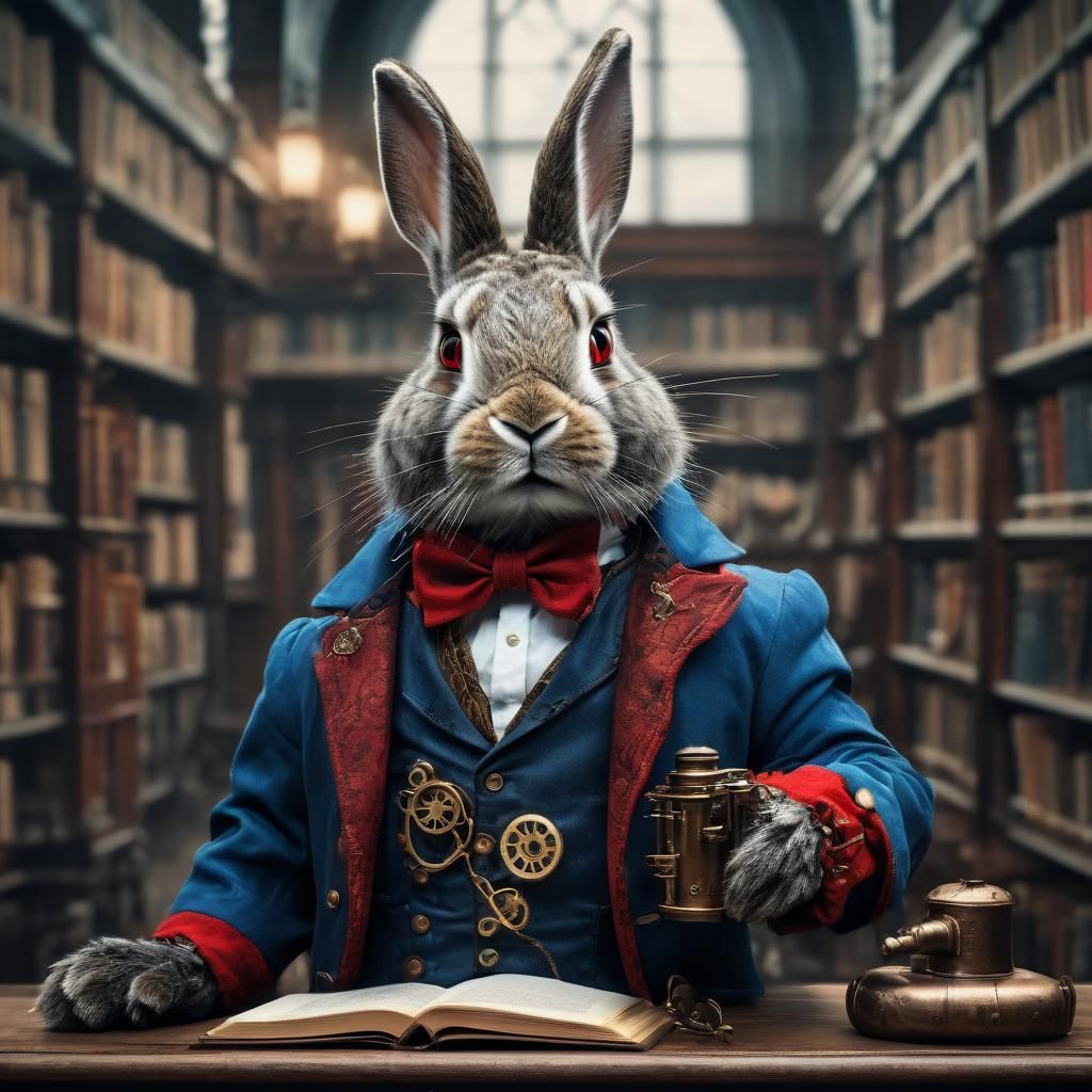 Rabbit Reader in Steampunk Library