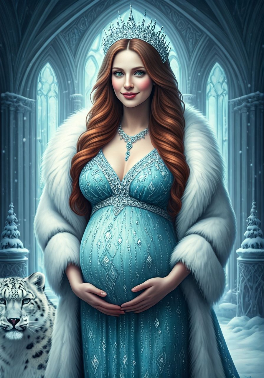 Pregnant Ice Queen in Snowy Castle with Snow Leopard