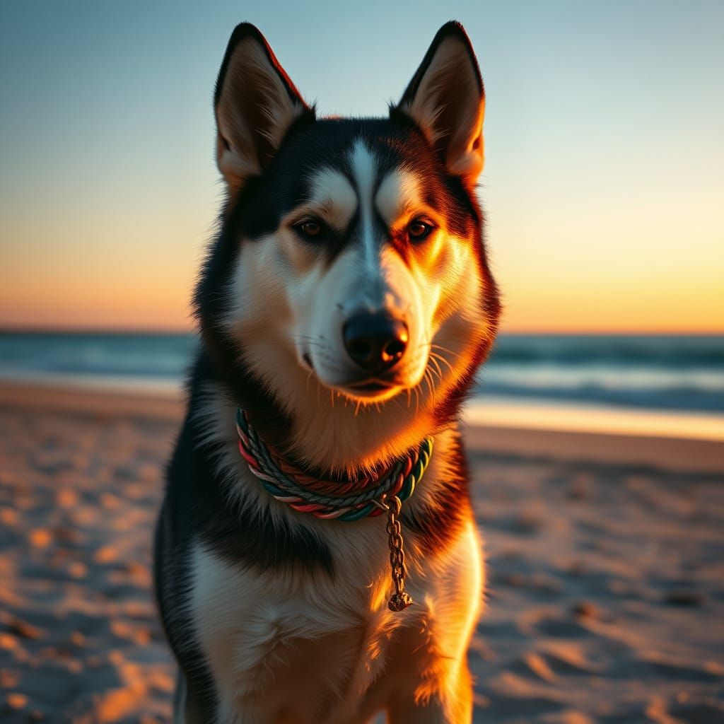 Husky in Sombrero on Sunny Beach, Cinematic Style