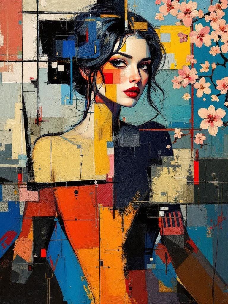 Abstract Pin-Up Fusion in Expressive Impasto Style