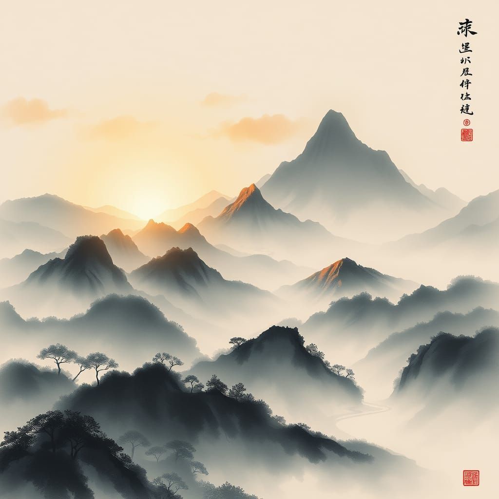 Traditional Chinese Landscape in Soft, Golden Light