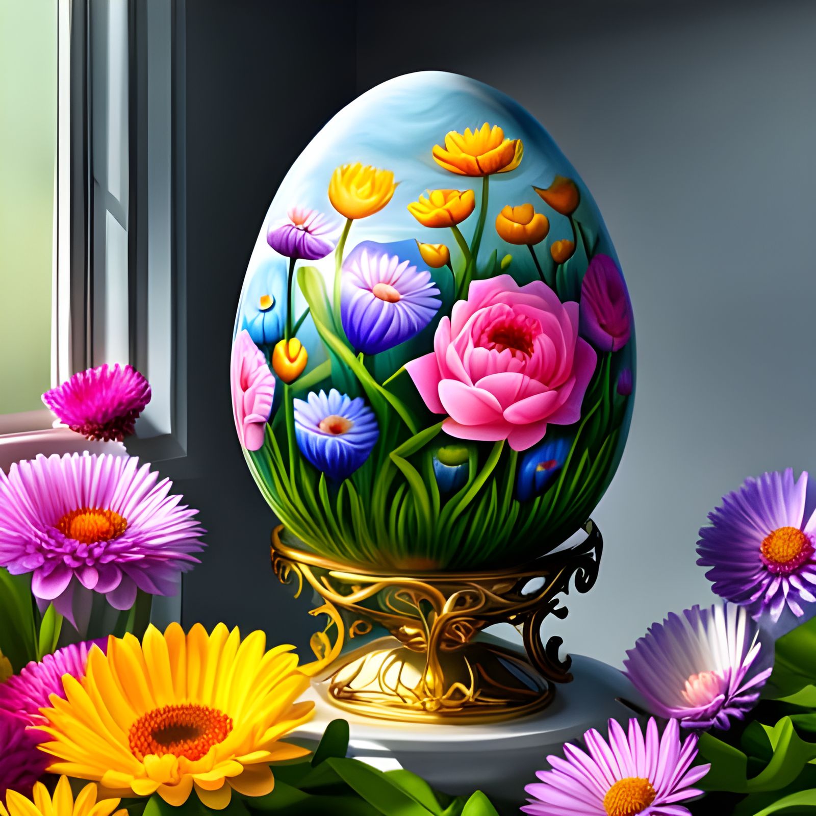 Floral Egg on Windowsill in Vivid Pastel Colors