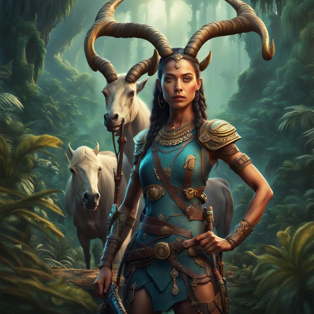 Antelope-Horned Centaur Warrior in Jungle, Detailed Matte Pa...