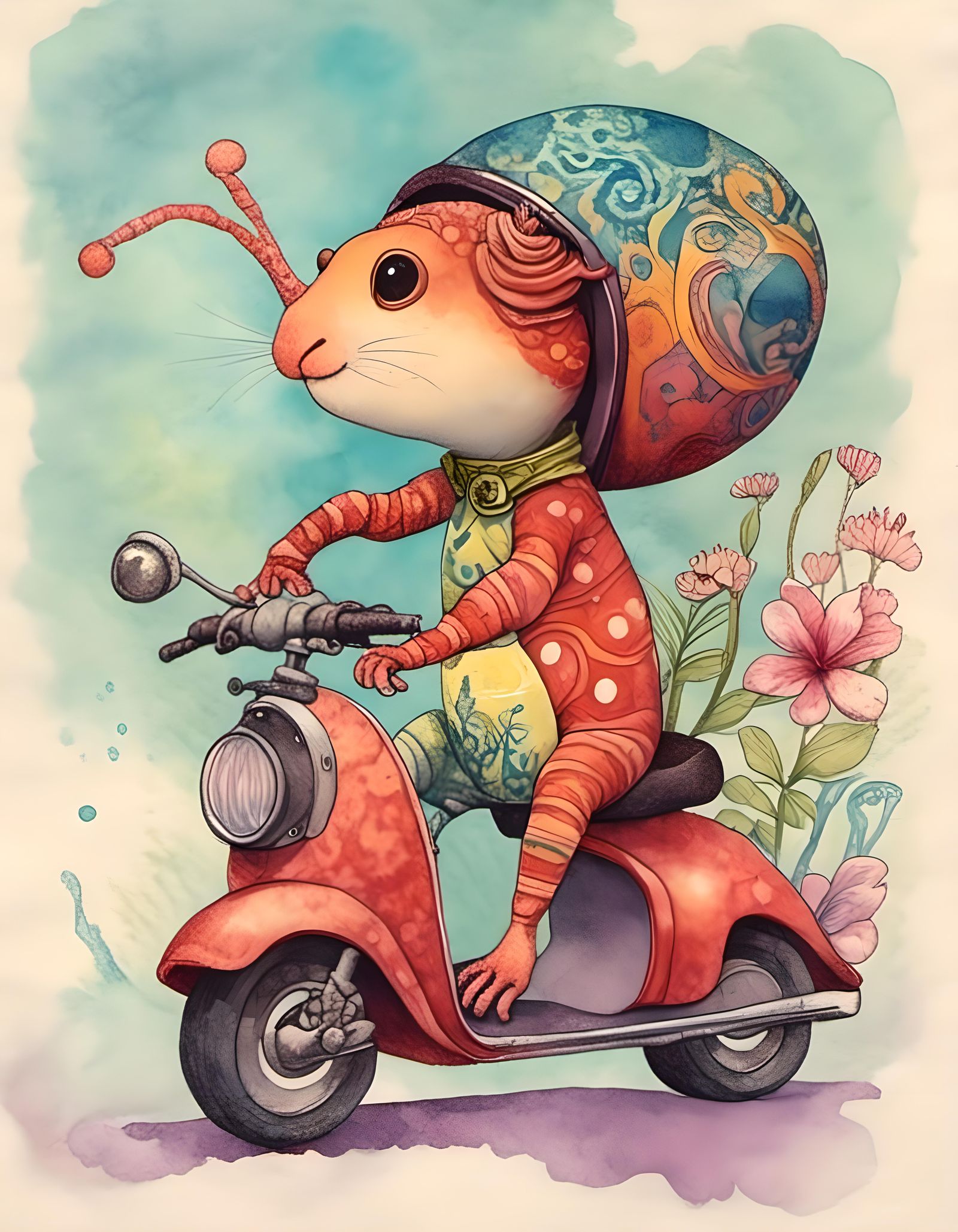 Gecko on Scooter in Hawaiian Shirt Watercolor