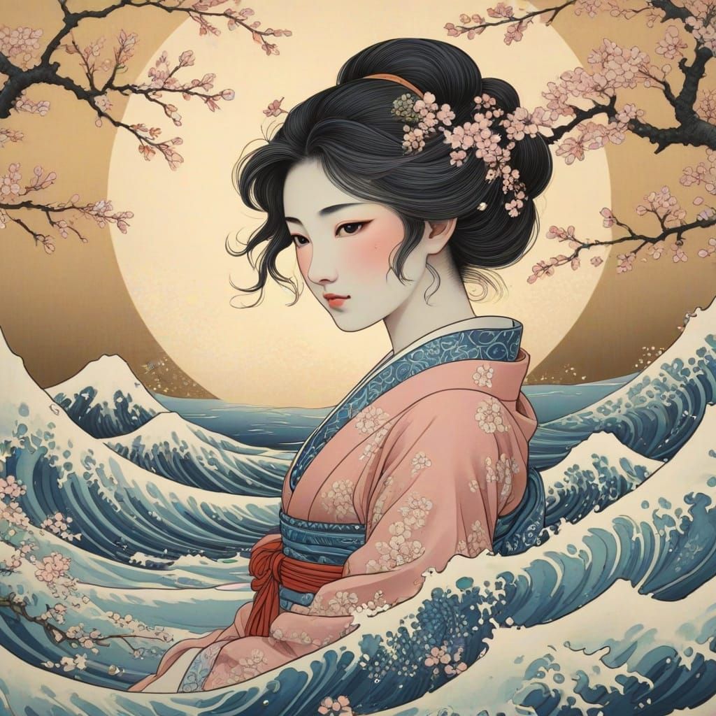 Traditional Japanese Goddess of Love Rises from the Sea
