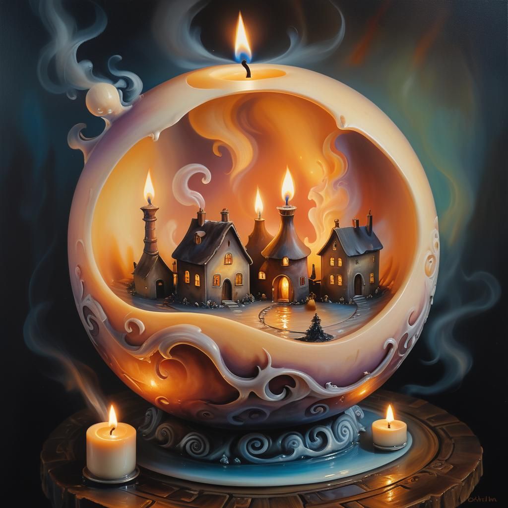 Dreamlike Candle Village in Surreal Oil Painting