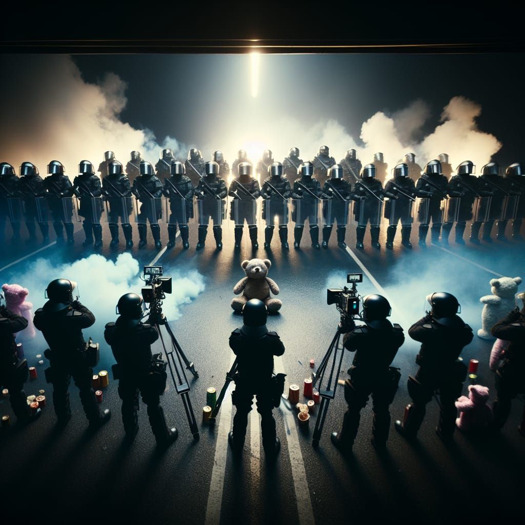 Dramatic Film Scene: Riot Police vs. Teddy Bear Attack