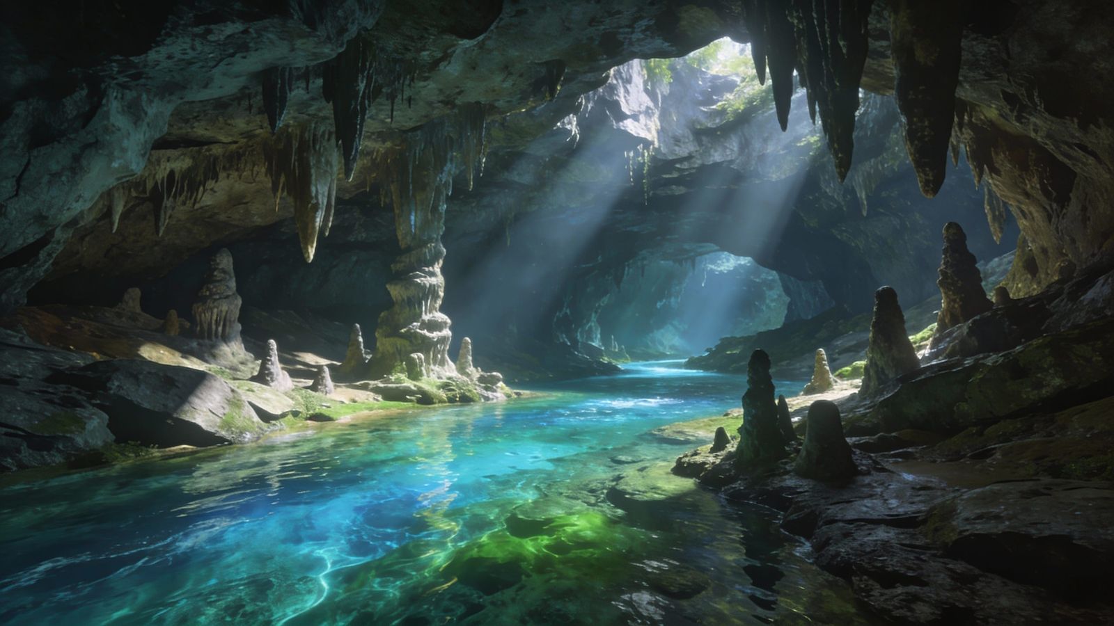 Beautiful Underground River in Detailed Cavern