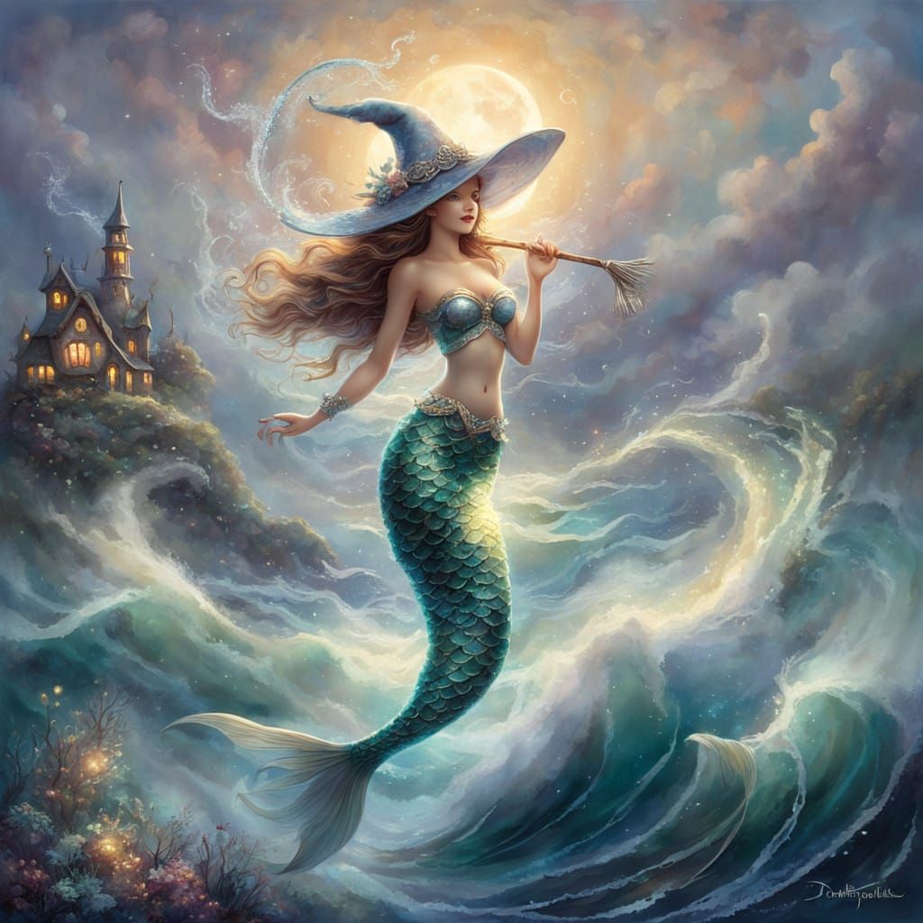 Whimsical Mermaid with Witch Hat in Dreamy Ocean
