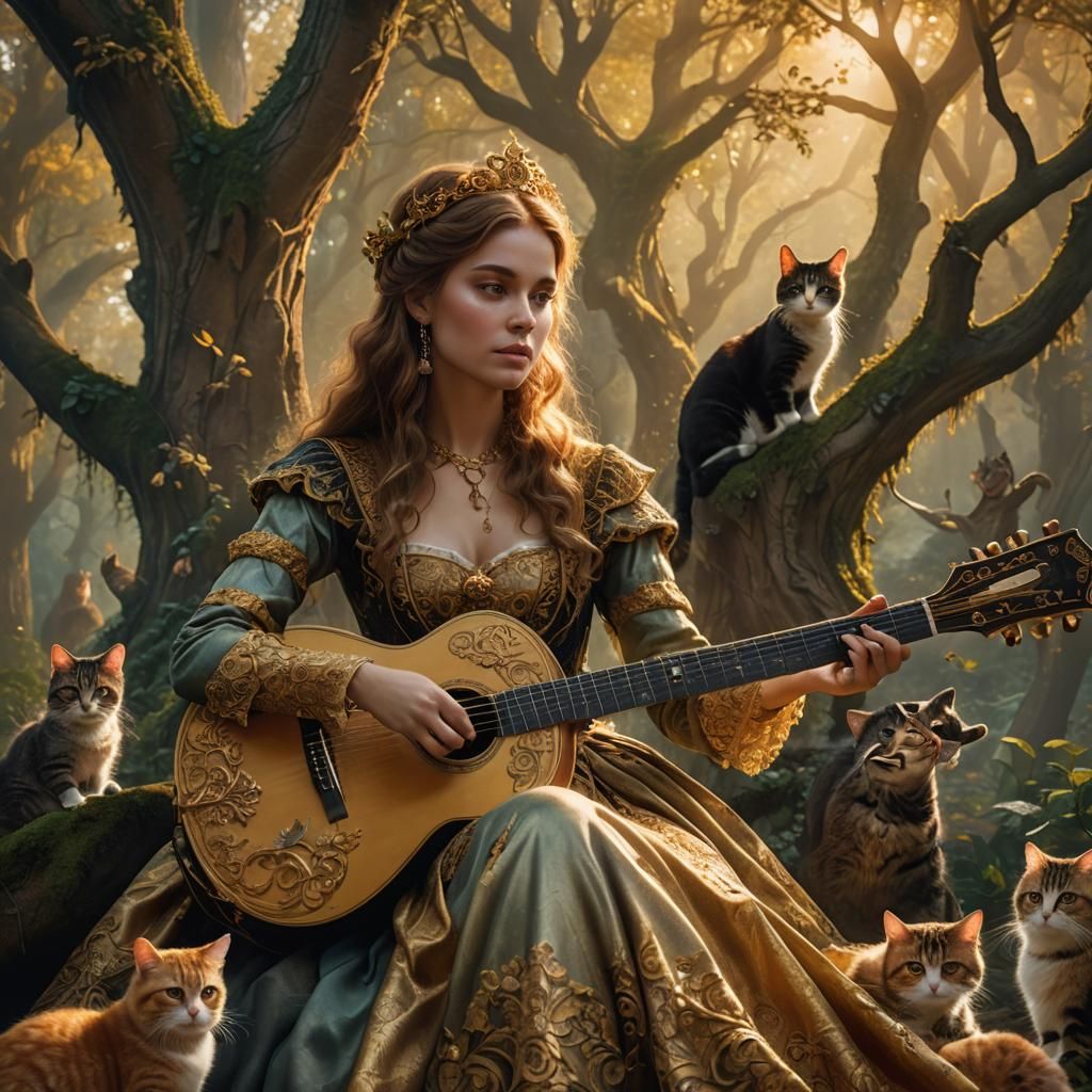 Enchanted Forest Musician with Cats, in Mythical Realism