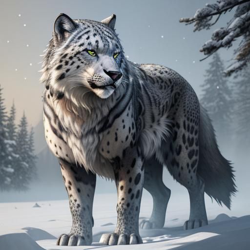 Wolf Leopard Hybrid in Snowy Forest, Matte Painting