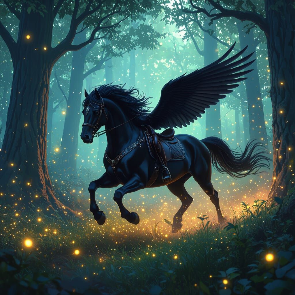 Winged Black Horse Galloping Through Mystical Forest