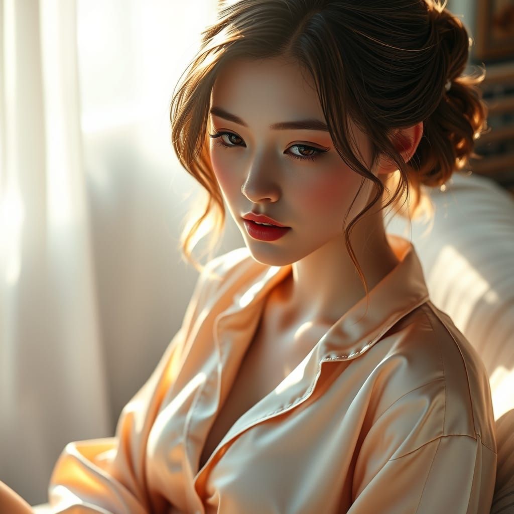 Ethereal Young Woman in Silk Pajamas, Captured in Soft, Drea...