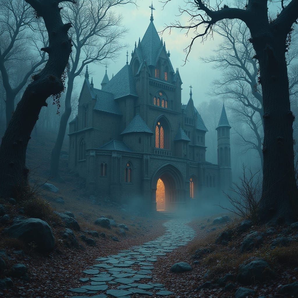 Gothic Monastery Amidst Twilight Landscape