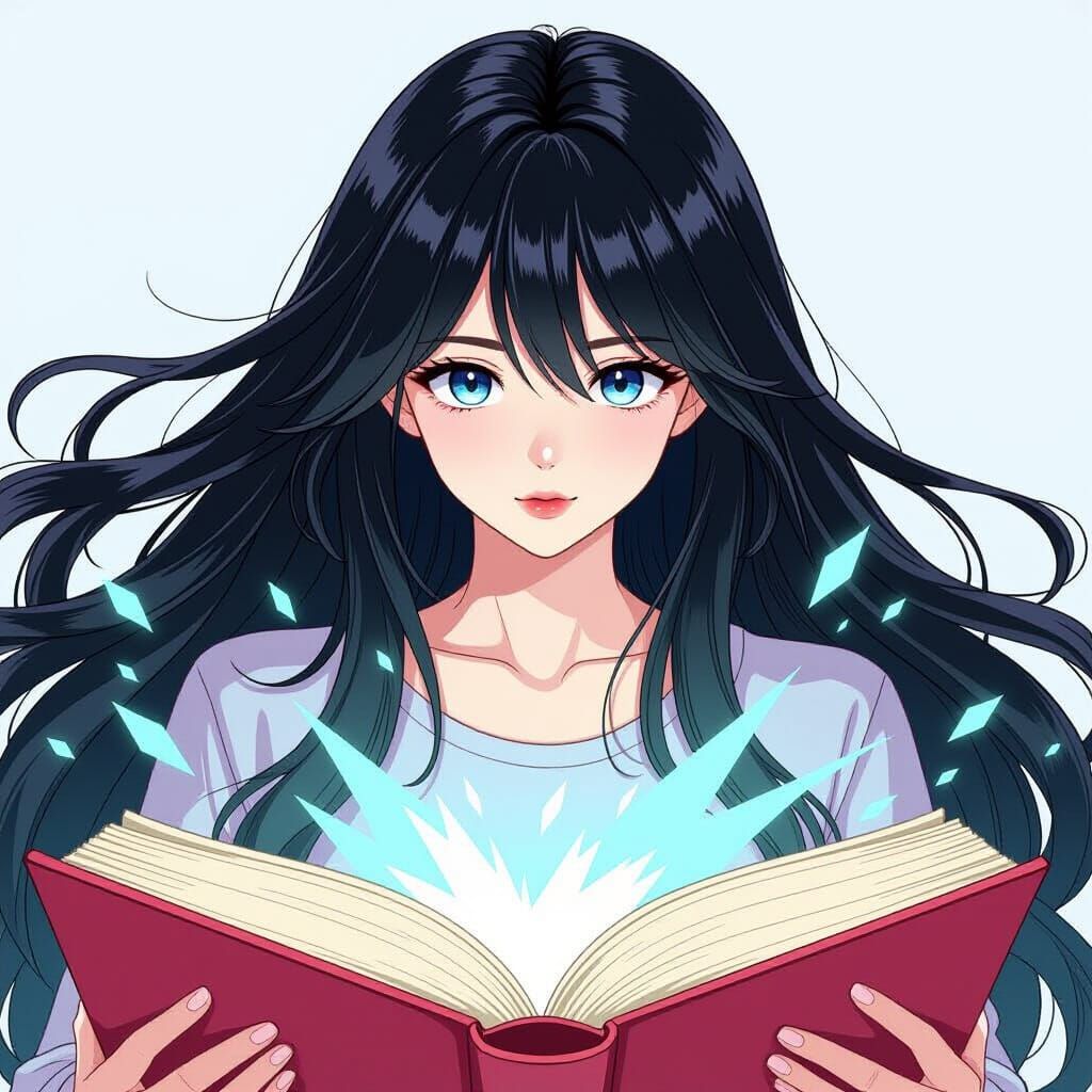 Manga Woman Emerges from Giant Book in Pale Colors