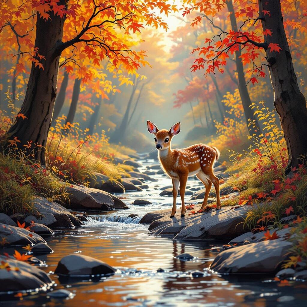 Vibrant Autumn Forest Oil Painting with Gentle Fawn