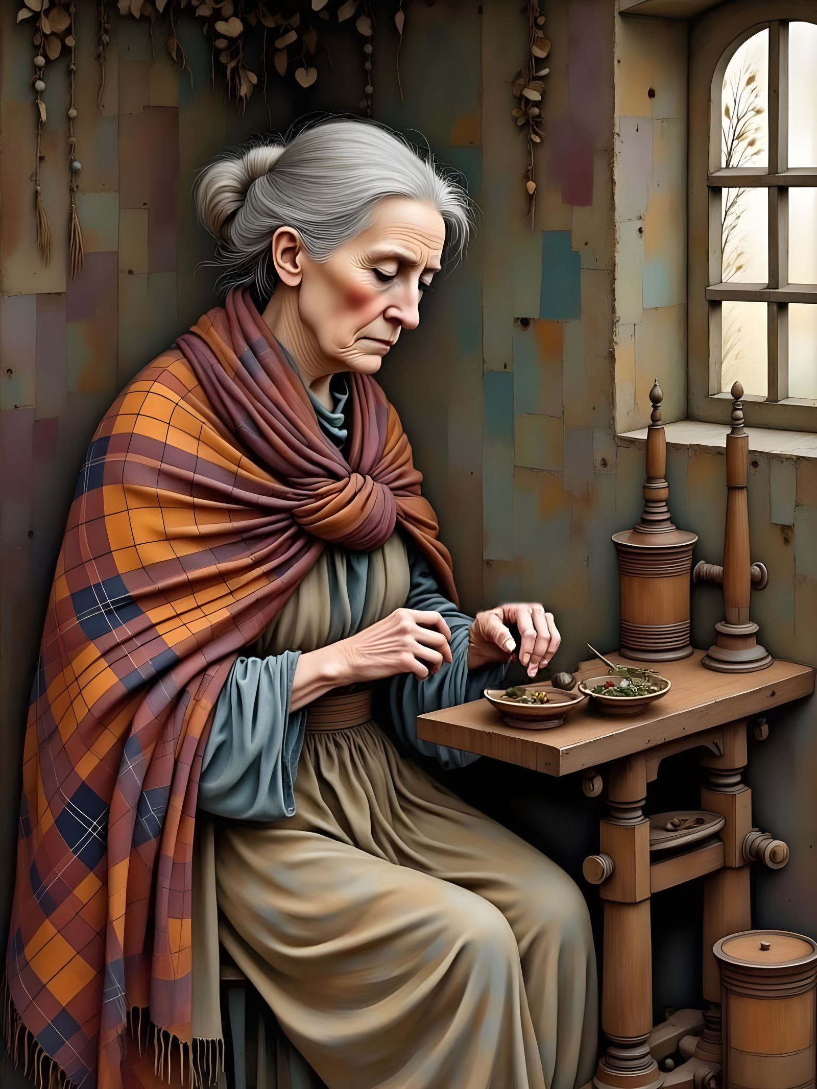 Scottish Woman at Spinning Wheel in Watercolor