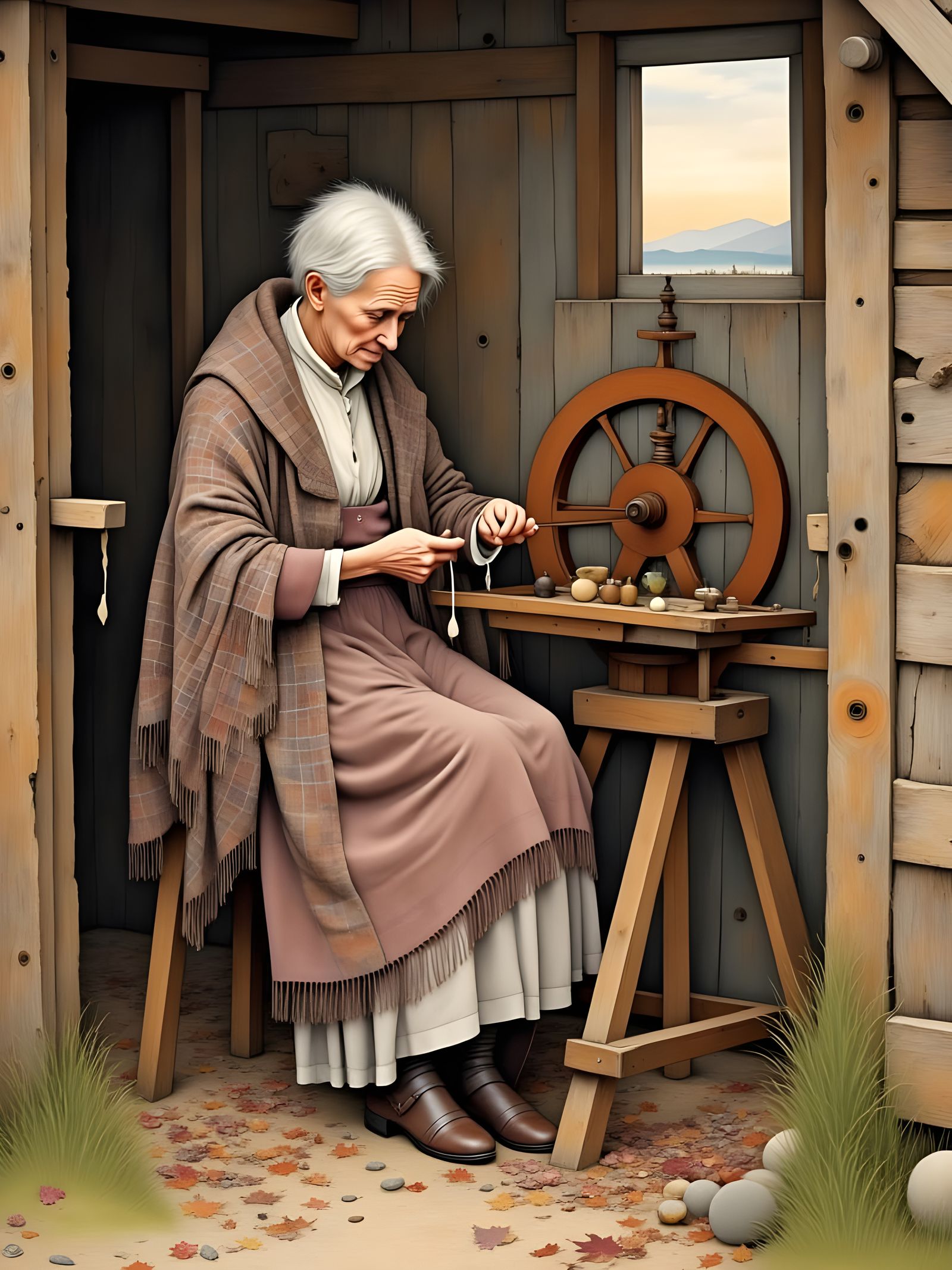 Scottish Woman at Spinning Wheel in Watercolor