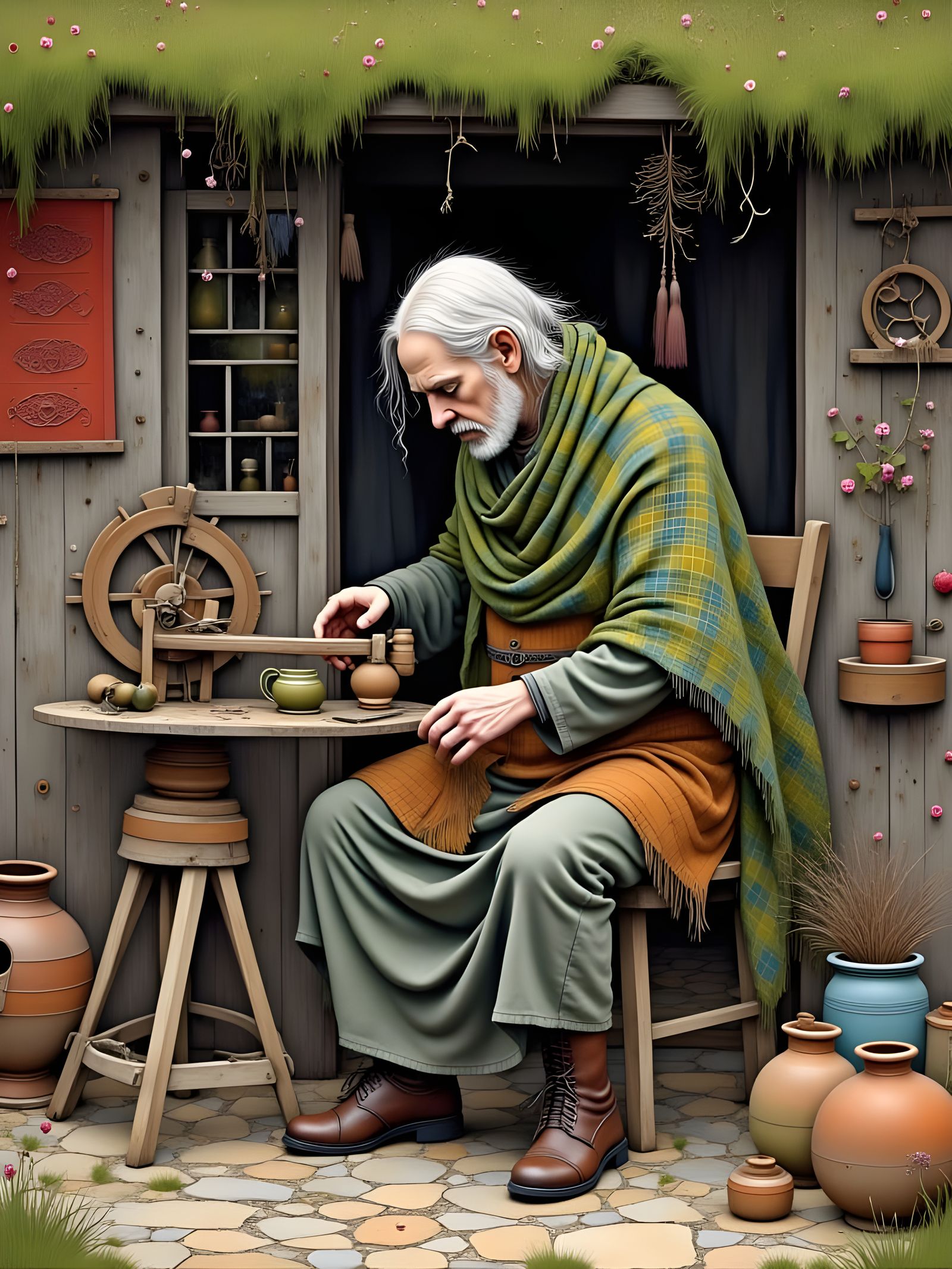 Scottish Woman Spinning Yarn in Dilapidated Cottage