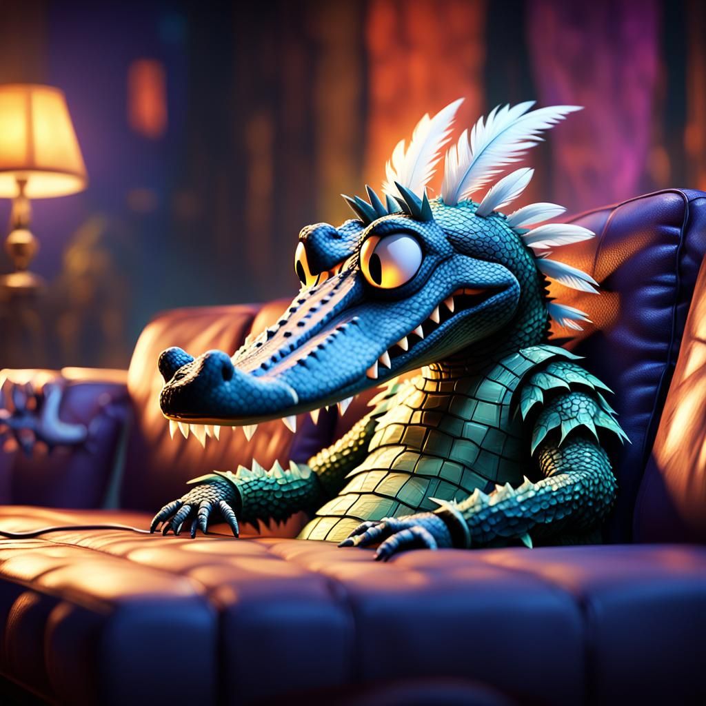Fantasy Crocodile Gamer in Cozy Console Scene