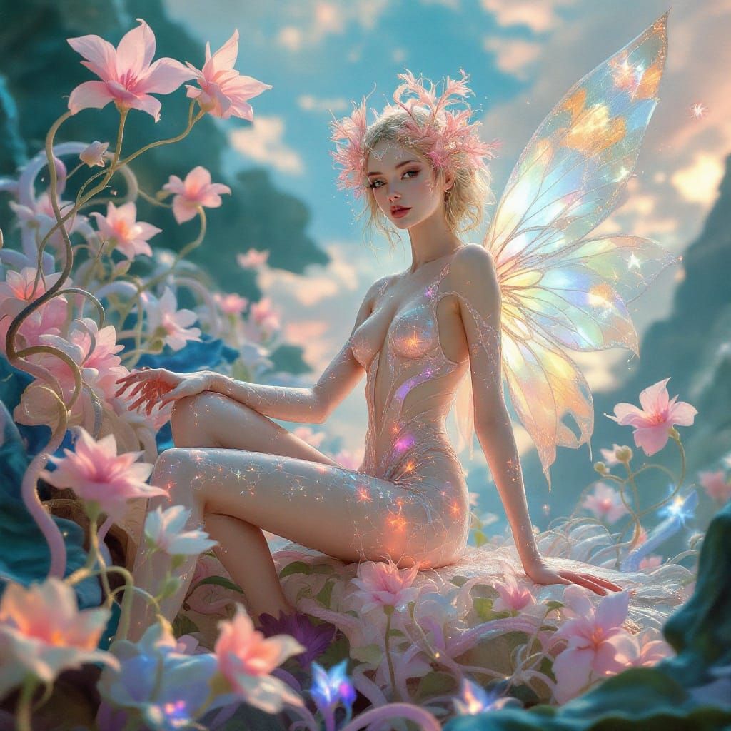 Ethereal Venusian Fairy in Shimmering Mother-of-Pearl Attire